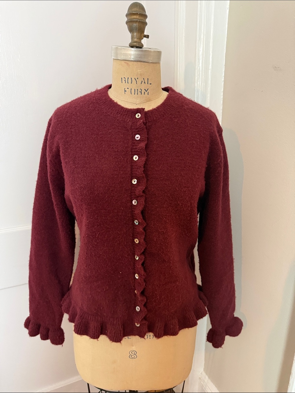 Zara Burgundy Ruffle-Trim Button Front Cardigan